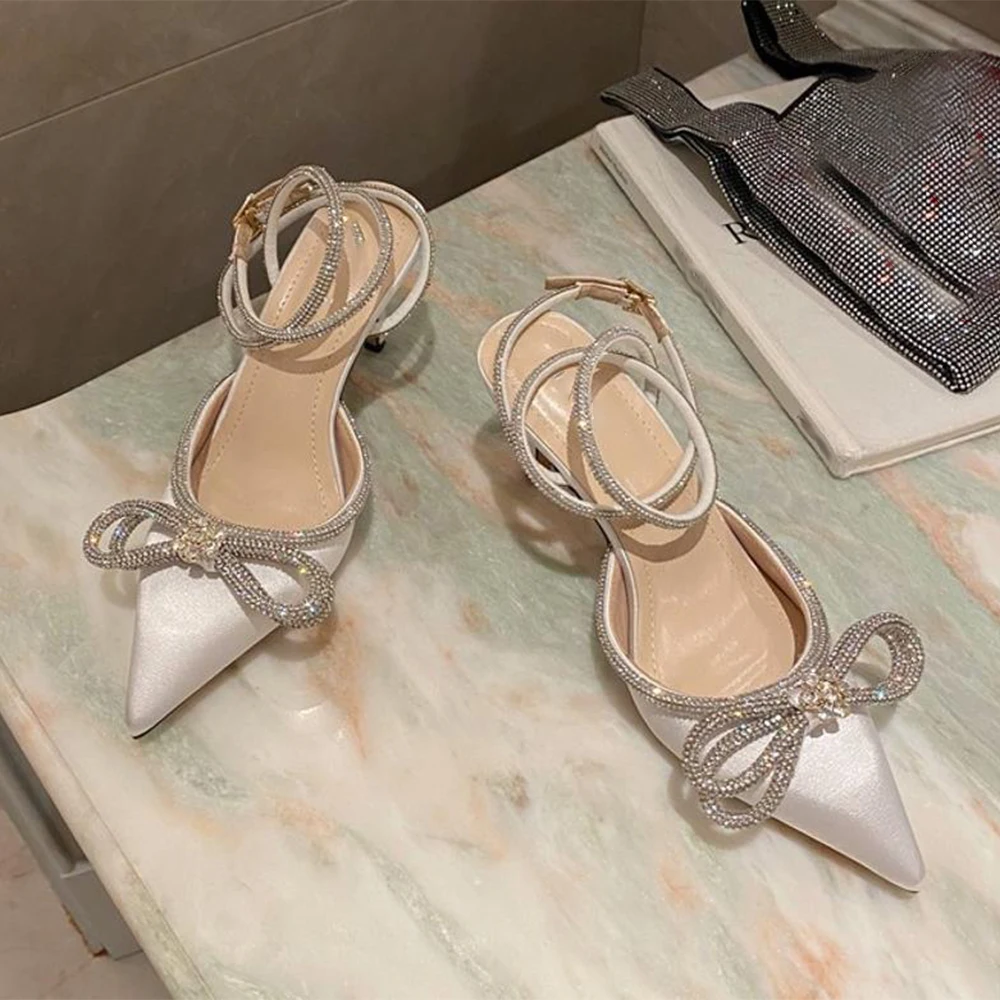 Aneikeh 2026 Summer Silk Sandals Women's New Style Pointed Water Diamond Bow Buckle Sexy High Heels Pumps Party Prom Shoes 41 42