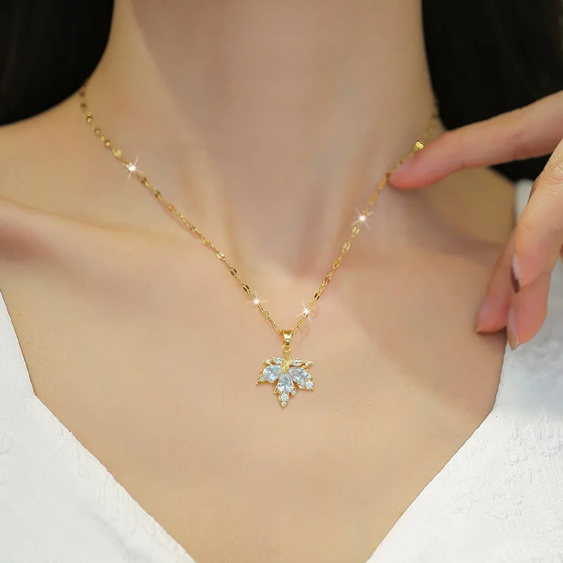 Stylish and Luxurious White Jewelry, Maple Leaf Necklaces, Earrings, Classic Micro Settings, Versatile Party Accessories