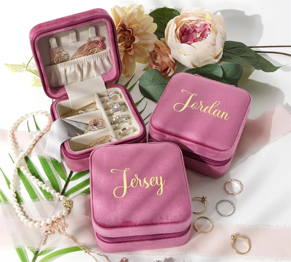 Italian Velvet Personalized Jewelry Box Inside Suede, Christmas & Holiday Gift For Her, Bridesmaid Maid of Honor Portable Travel