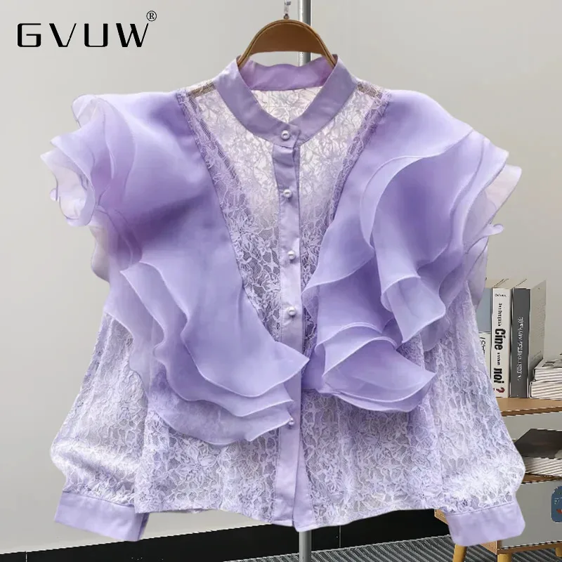 GVUW Gauze Women Shirt Fashion Ruffles Full Sleeve Stand Collar Single Breasted Solid Color New 2024 Fashion Shirts 17G7774