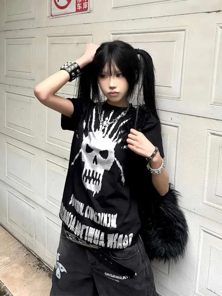 

Women Gothic Punk Short Sleeve T-shirt Women's Summer New Y2K Silver Print Short T-Shirt Dark Style Hot Girl Top