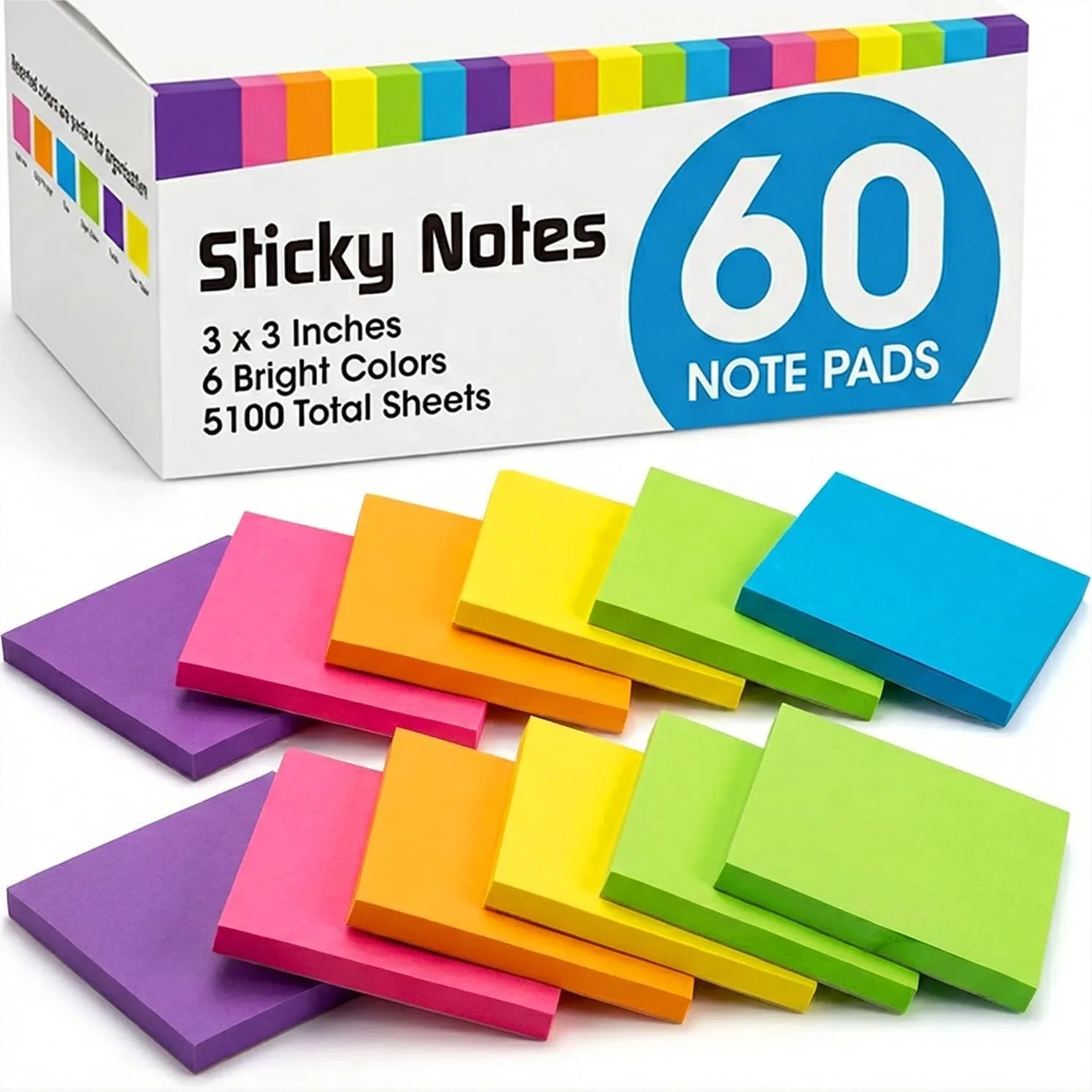 

Набор клейких заметок 3x3 дюйма, 60 блоков по 85 листов каждого цвета, 6 ярких цветов для удобного использования дома, в офисе, школе