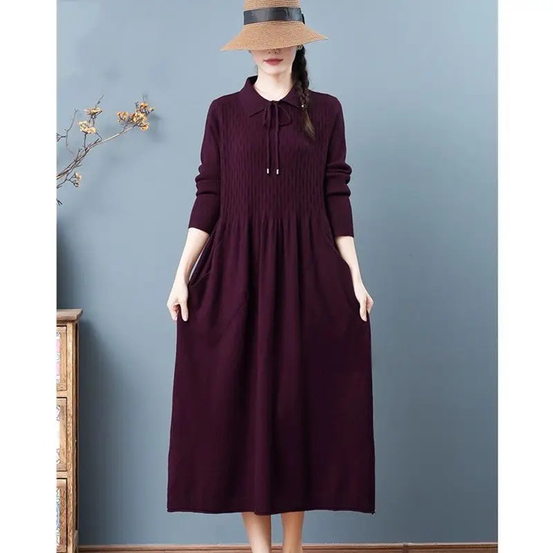 NEW Spring Autumn Long Wool Sweater Dress Women Fashion Loose Bottom Knitted Dresses Female Doll Collar Large Size Pullovers