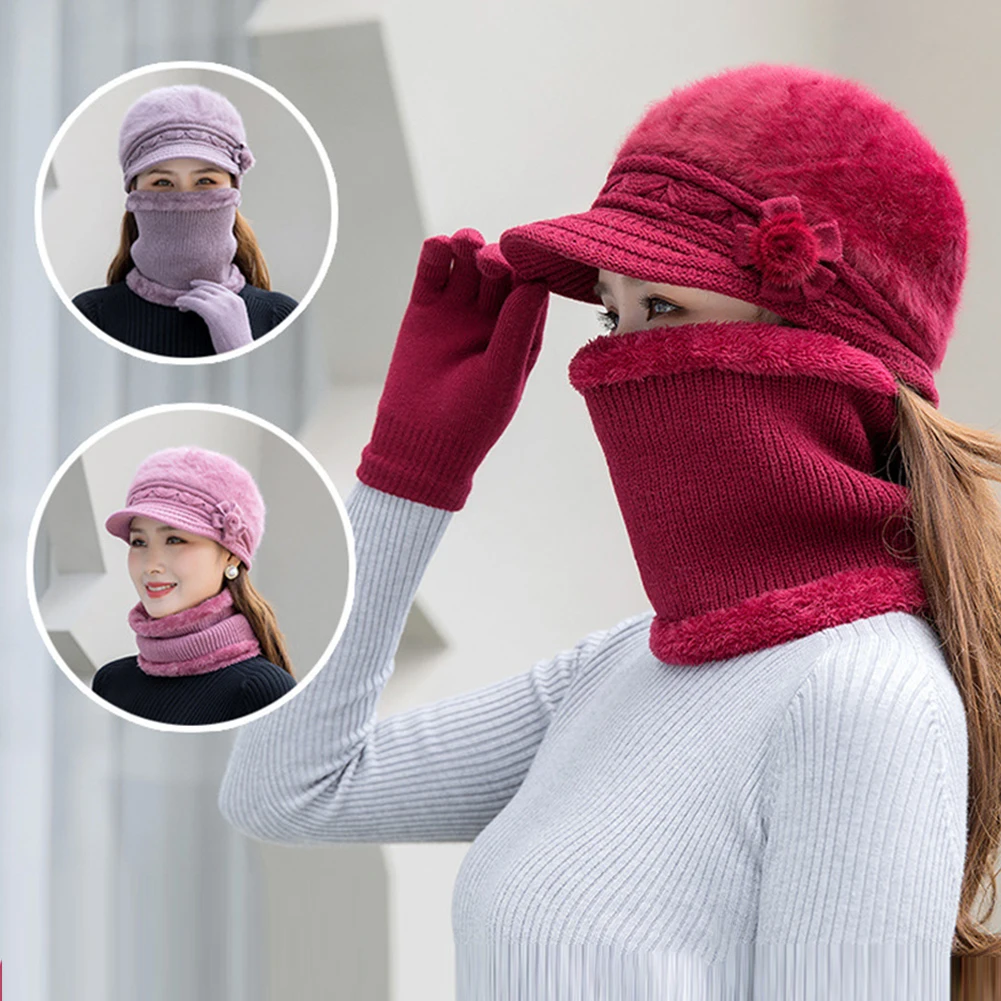 Women's Fashion Knitted Hat with Collar And Scarf Set Winter Warm Fleece Casual Flower Design Elegant Hat Accessories Gift