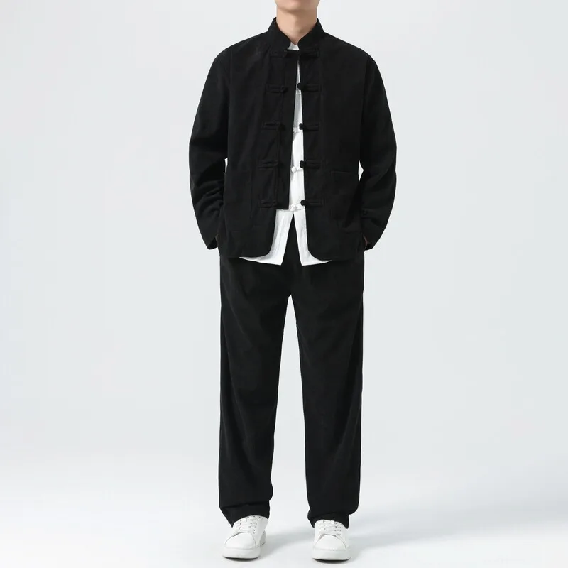 Men Corduroy Sets Men Tang Suit Jackets +Pants Male Kung Fu Traditional Chinese Top & Bottom Sets Men Tai Chi Hanfu Tracksuit
