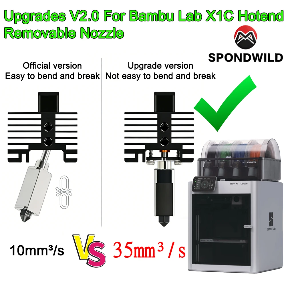 

SPONDWILD X1c Hotend Upgrade 2.0 High-Flow Nozzles for Bambulab X1 Removable Hardened Steel Nozzles 0.2 0.4 0.6 0.8mm 3D Printer