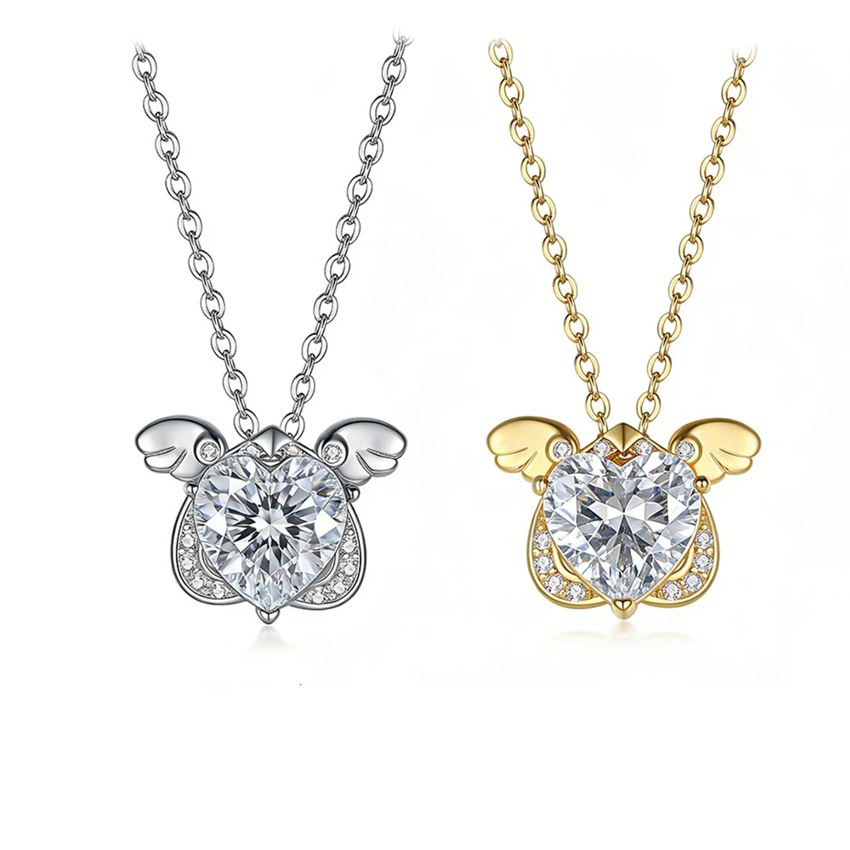 S925 Silver Plated 18K Gold Heart-Shaped Moissanite Cute Angel Necklace with 8.0mm/2.0ct Center Stone