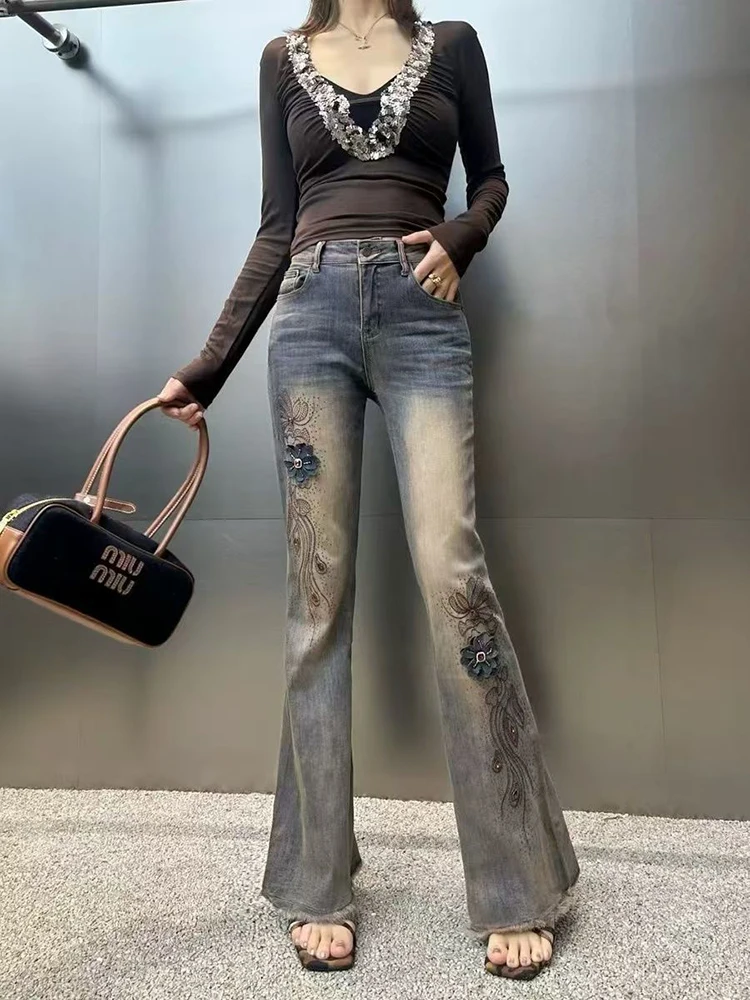 

Retro jeans 2025 autumn new heavy industry embroidery flower hot stamping diamond fashion versatile micro flared trousers