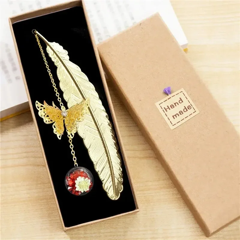 1pc Chinese Style Metal Feather Bookmark Creative Immortal Dried Flower Butterfly Leaf Student Bookmark Teacher\'s Day Gift