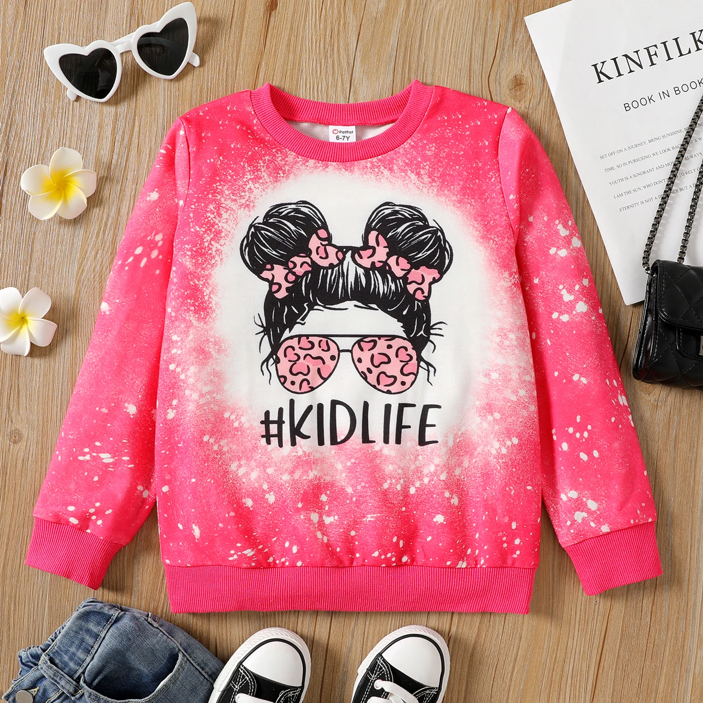 PatPat Kid Girl Cartoon Tie Dyed/ Leopard Print Pullover Sweatshirt