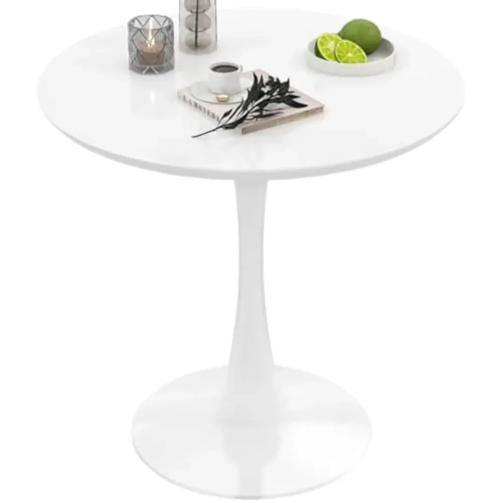 Round Dining Table, 32” White Round Table with 0.9” Thickened Circle Table Top & Metal Pedestal Base