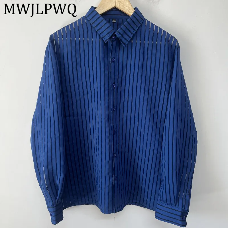 

MWJLPWQ Lapel Collar Sheer Mesh Long Sleeve Blouse Vertical Striped Hollow Loose Lightweight Men Daily Layering Outerwear 16803