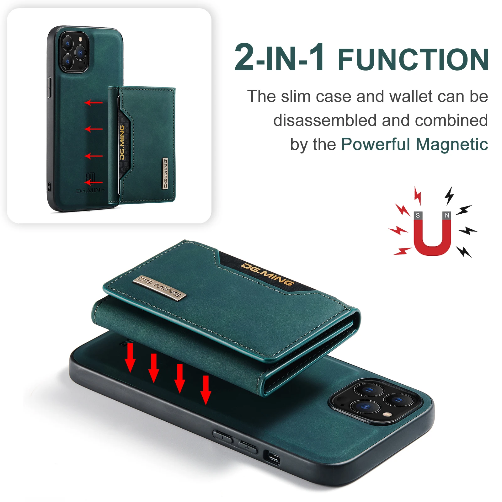 DG.MING-funda magnética de cuero PU para iPhone, carcasa desmontable para modelos 16, 15, 14, 13, 12, 11 Pro Max PLUS, XS MAX, SE2022