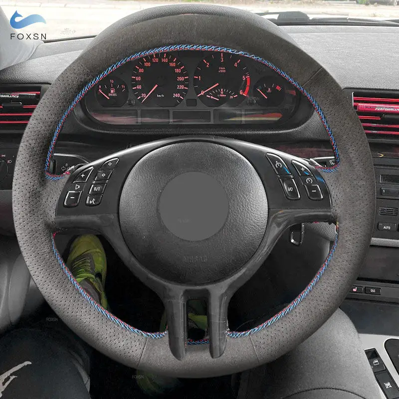 

Car Steering Wheel Cover Trim For BMW 3 5 Series E46 E39 X5 E53 2000 2001 2002 2003 Z3 E36 1.2mm Suede Leather w/ red blue line