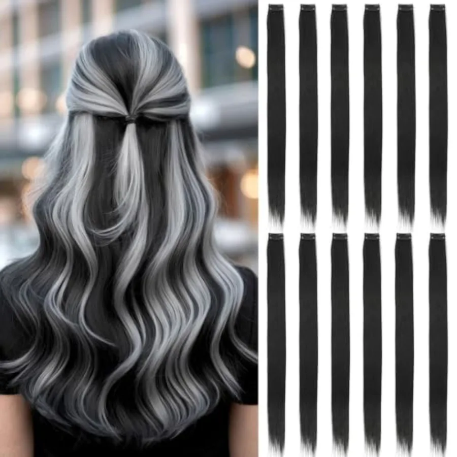 

12PCS Black Clip In Hair Extensions 22 Inch Long Straight Heat Resistant Synthetic Hair Highlights, Easy to Use Colorful Hairpi