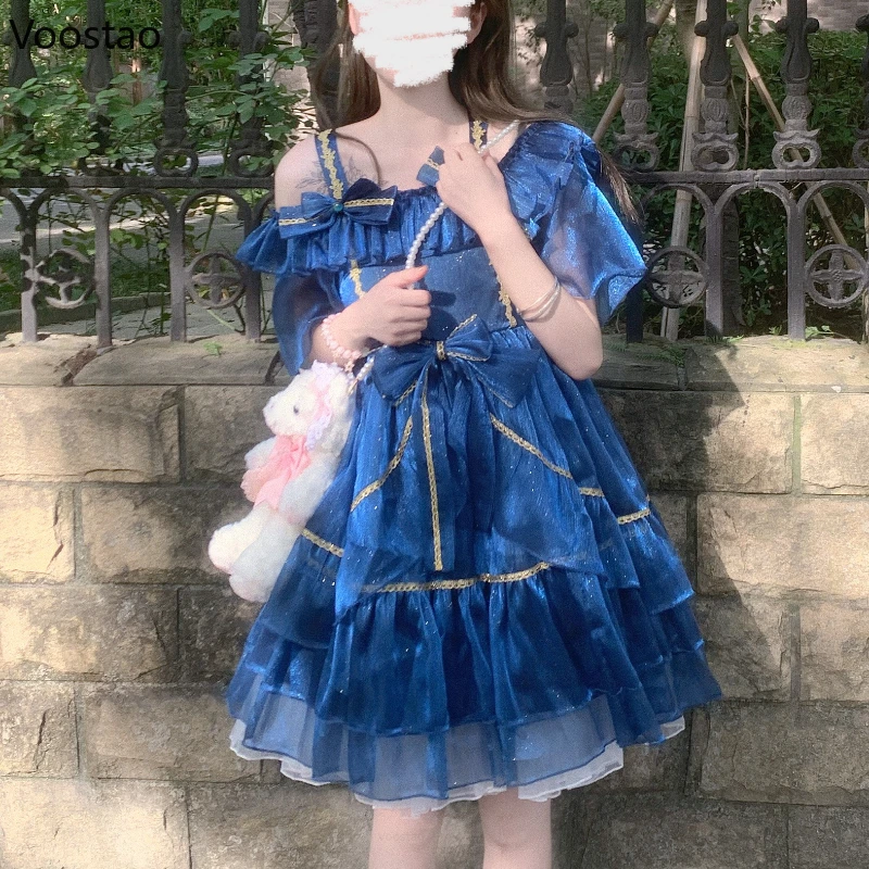 Giapponese dolce notte artica Lolita vestito da principessa ragazze carino Chic volant fiocco di pizzo abiti da festa donne Kawaii blu Mini abiti