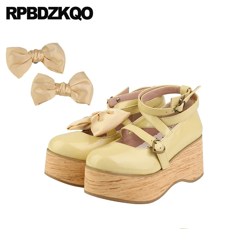 Lolita Wooden Strappy Platform Wedge High Heels Shoes Ankle Strap Big Size Women Heart Buckle Mary Janes Cross Girls Bow Pumps