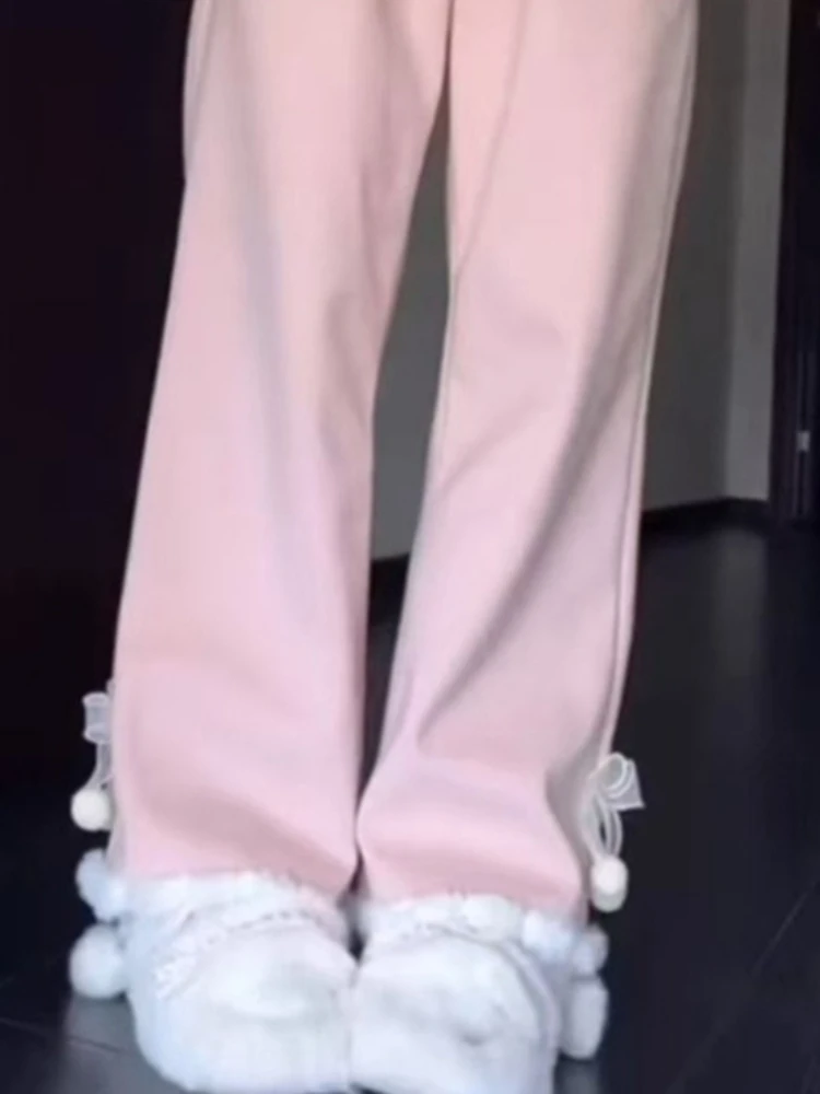 Sweet Pink Fleece Lined Pants Women Winter Korean Style Thick Straight Flare Trousers High Waist Warm Slim Fit Casual Long Pants