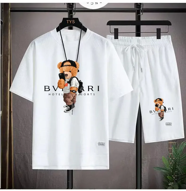 Summer men's suit fashion Korean cartoon printed short sleeve T-shirt + sports shorts 2 sets leisure shopping jogging men's wear