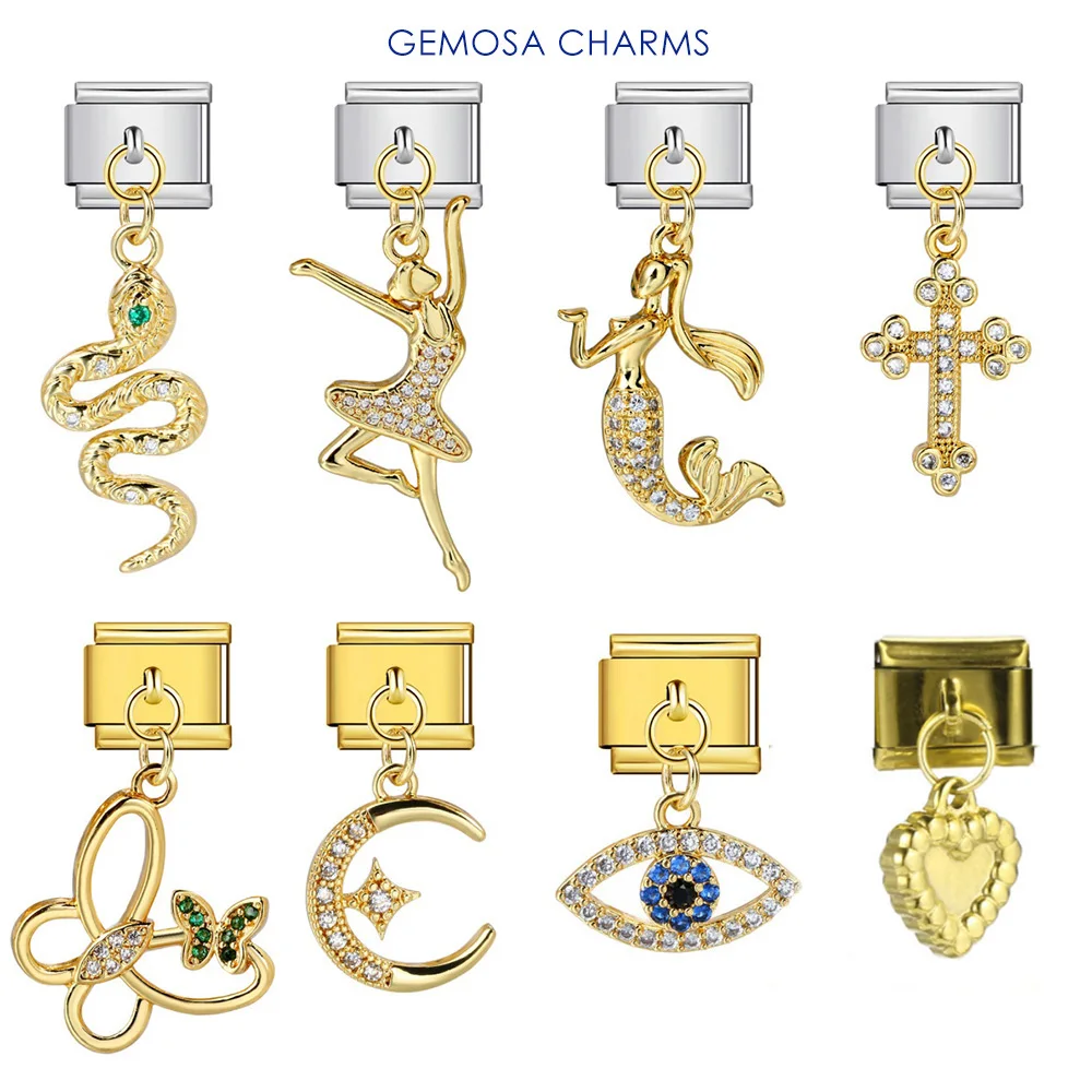 GEMOSA Fashion Luxury Inlaid CZ Snake Dance Girl Cross Butterfly Pendant Italian Charm Link Fit 9mm Stainless Steel Bracelet