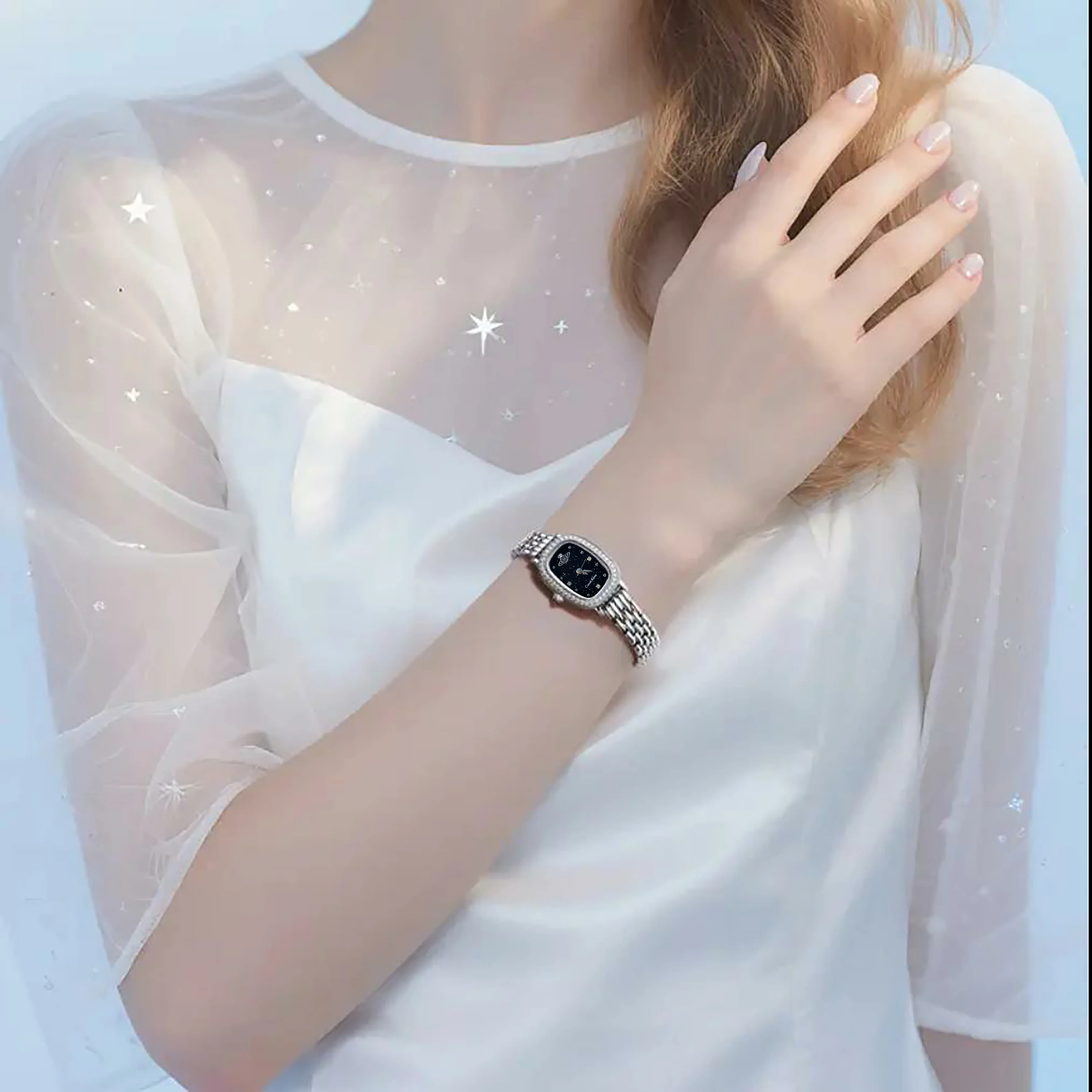 CANDY KATHY Women Quartz Watch Oval Diamond Bezel Starry Sky Dial Stainless Steel Bracelet Ladies Fashion Wristwatch Female Gift