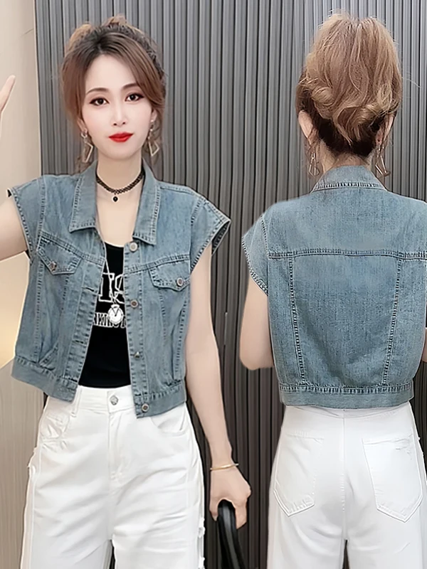

Blue Collared ort Denim Vest Women's Spring Autumn European Sle Svel oulder Pad ature Svel Top Outerwear