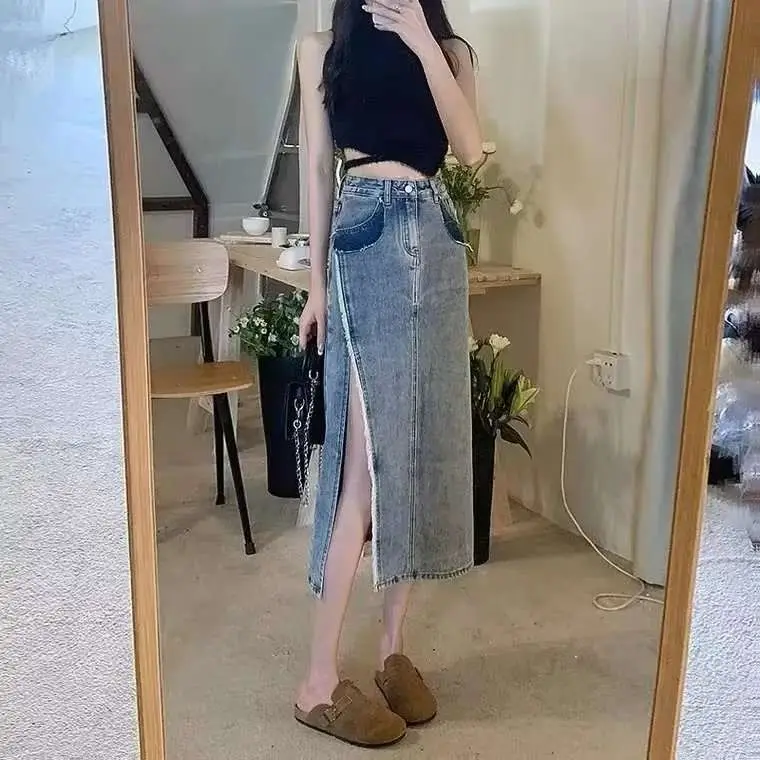 

Джинсовая юбка Ele с высокой талией и разрезом для женщин, тонкая осенняя юбка трапециевидной формы, новинка Sle Ciwalk, материал ПВХ, юбка «летучая мышь»