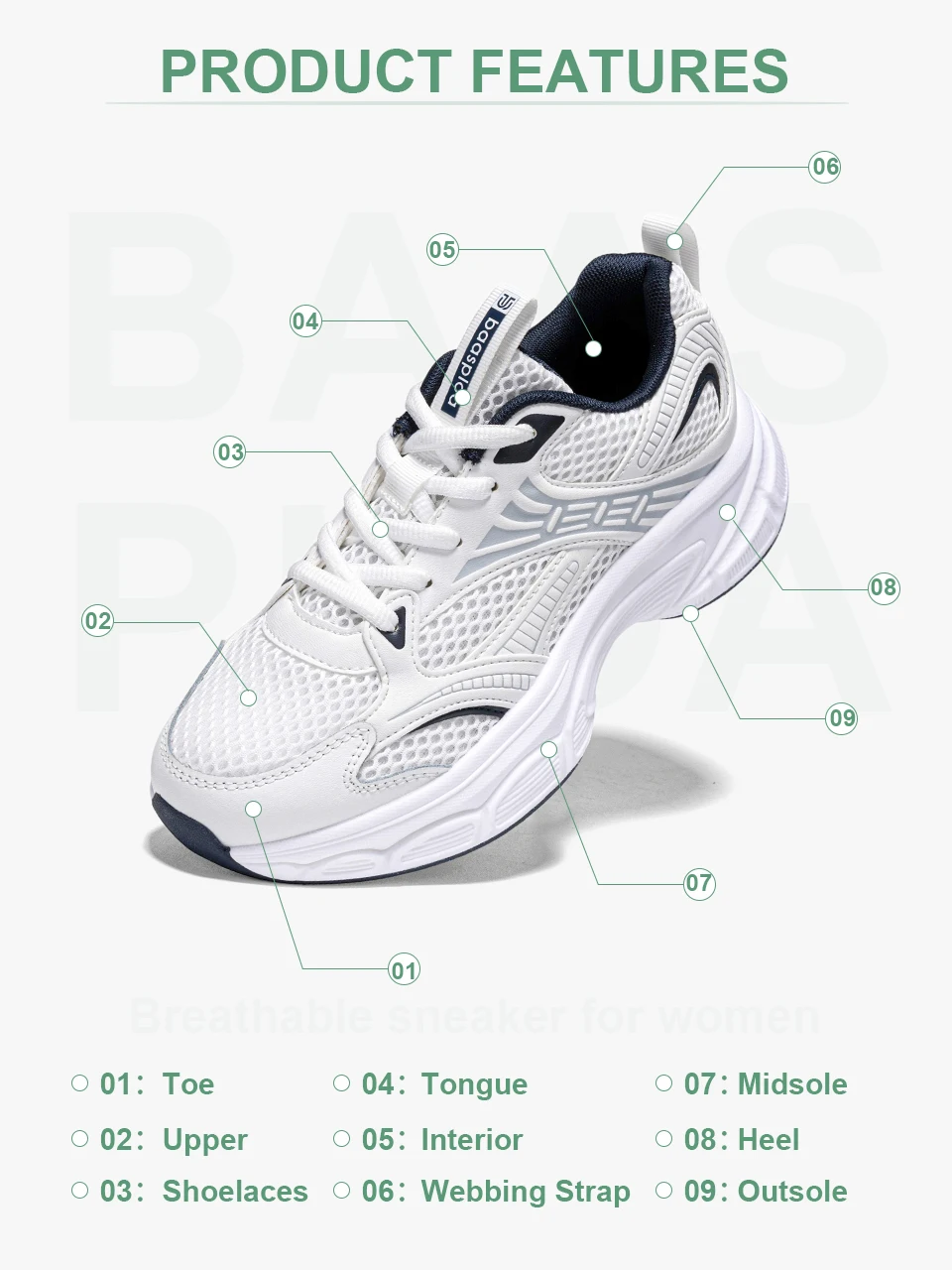 Baasploa Damen-Laufschuhe, leichte, atmungsaktive Sportschuhe für Damen, bequeme weiße Turnschuhe, lässige Turnschuhe, rutschfest – Detail 4