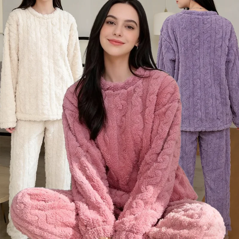 Autumn Women Solid Warm 1/2 Piece Sets Thicken Velvet Ribbed Fleece Set Pullover and Pants Women Casual Pajama Sets 2026