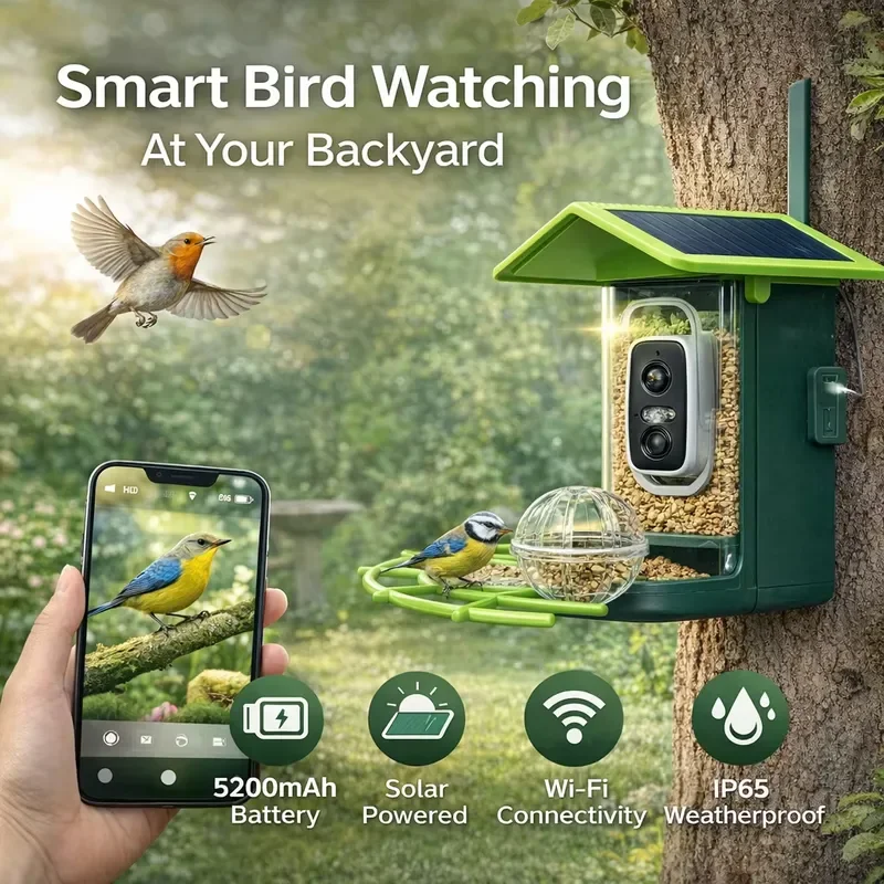 Solar powered bird feeding camera with 5200mAh battery and 1.8L capacity for outdoor AI recognition