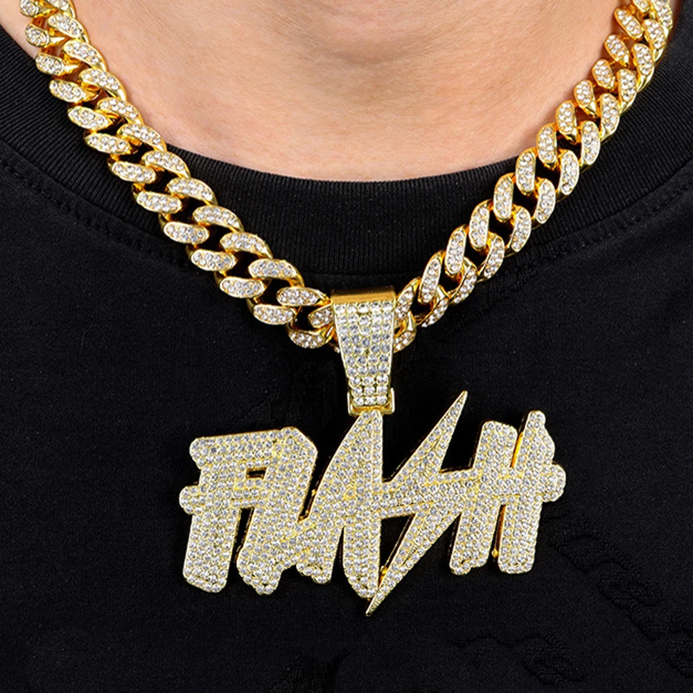 New Hip Hop Flash Lightning Large Letter Pendant Necklace With 13mm Cuban Chain Letters Necklaces For Men's Women Rapper Jewelry