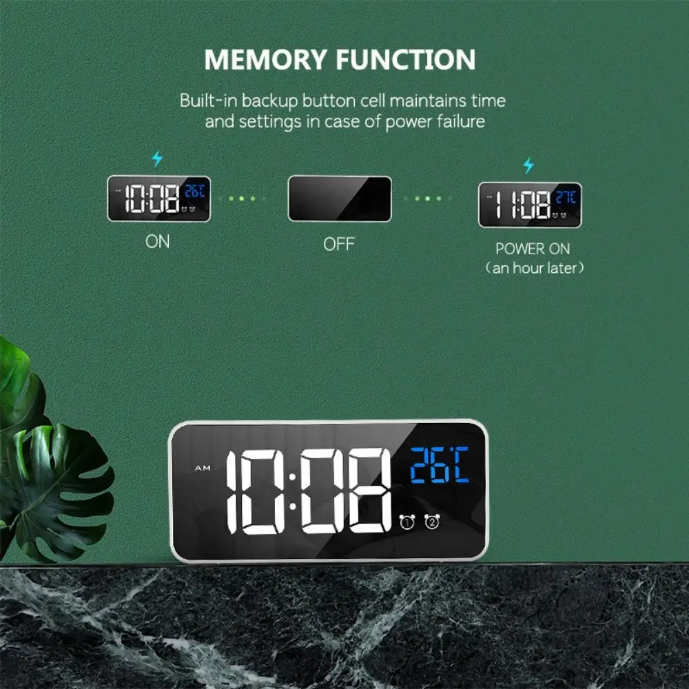 Mirror LED Digital Clock Voice Control Music Function Music Alarm Clock Temperature Display 2 Set Alarms Desk Clock Bedside Use