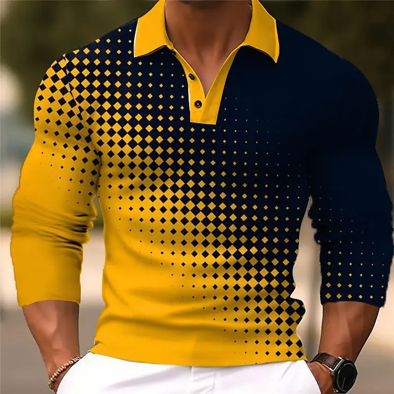 

Summer Fashion Long Sleeved Button T-Shirt Gradient Simple Loose Comfortable Polo Shirt Men's Business Casual MB14