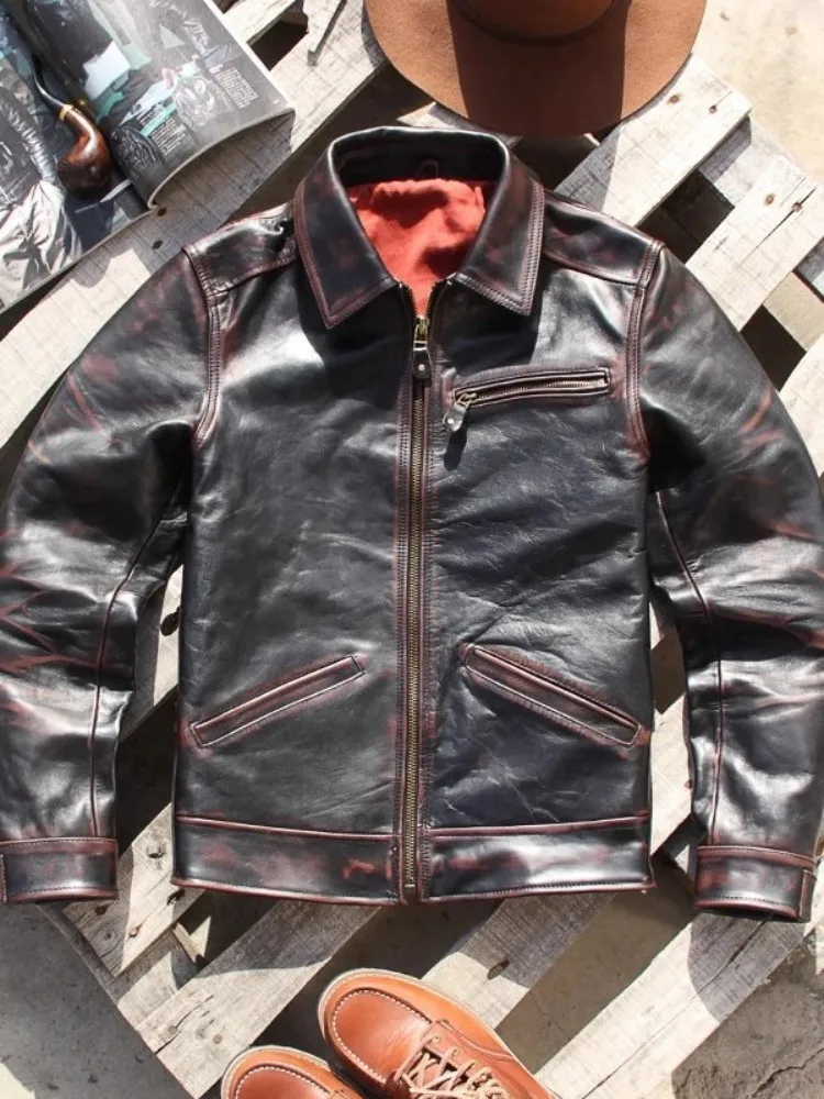 Vintage Slim Fit Mens Genuine Leather Punk Jacket Turndown Collar High Quality Horsehide Streetwear Moto Biker Short Coat Male