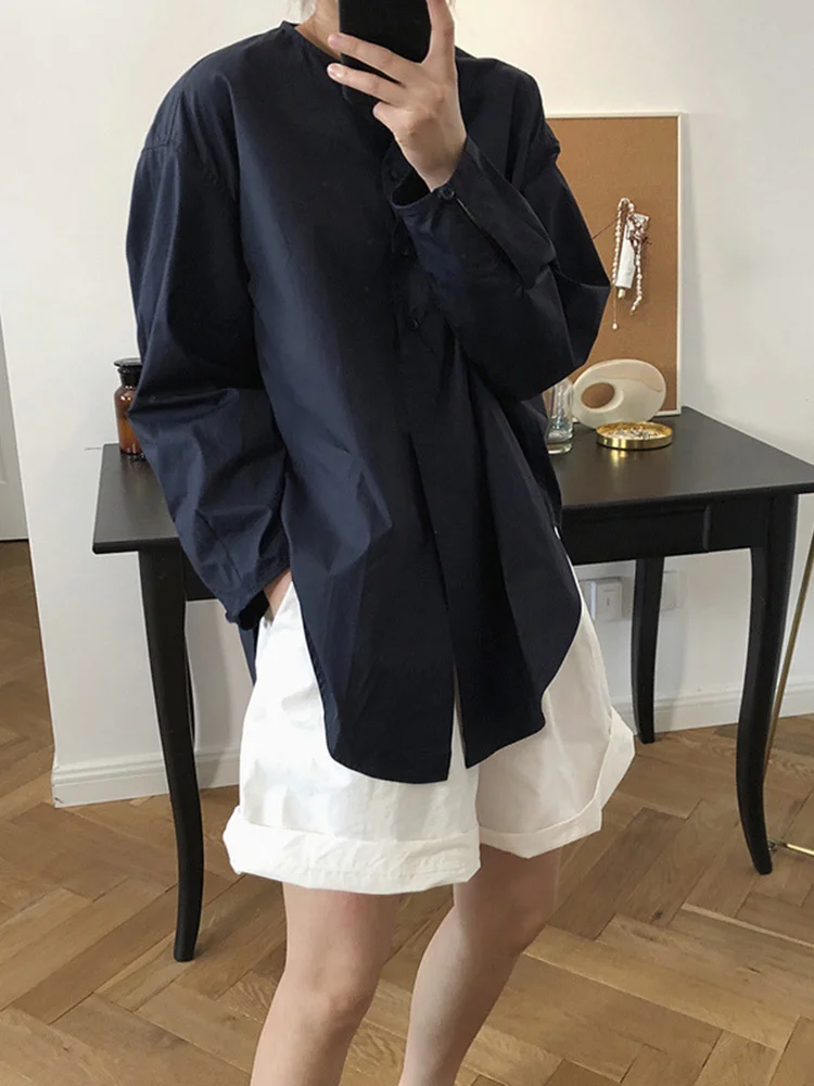 [LANMREM] Women White Shirt New Round Neck Long Sleeve Single Breasted Loose Shirts Female Fashion Clothing 2024 Spring 26D352