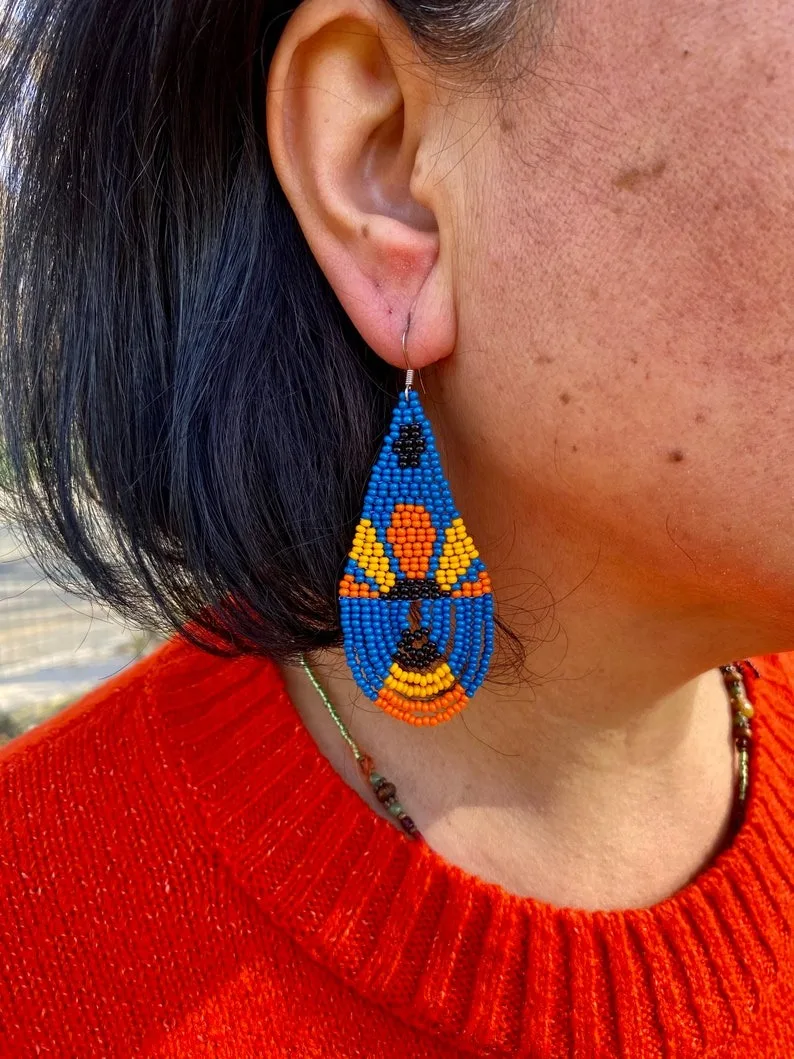 Beaded earrings Tassel Rainbow Hand knitting Water drop Design Geometry Bohemia Tide Female Versatile Alloy Rice bead earrings