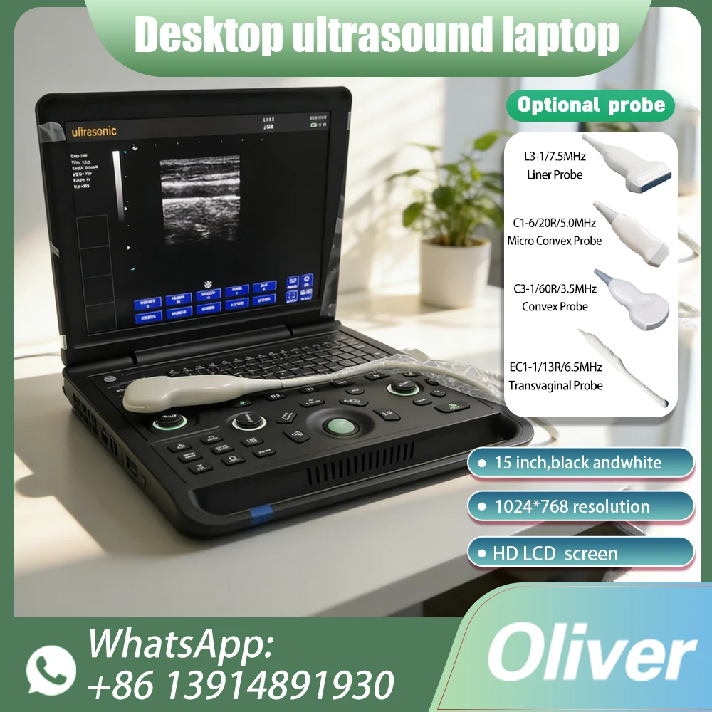 Ecógrafo Veterinario Portátil con Pantalla LED Grande de 15 Pulgadas, Escáner Doppler USG en Blanco y Negro con Sondas Convexas y USB