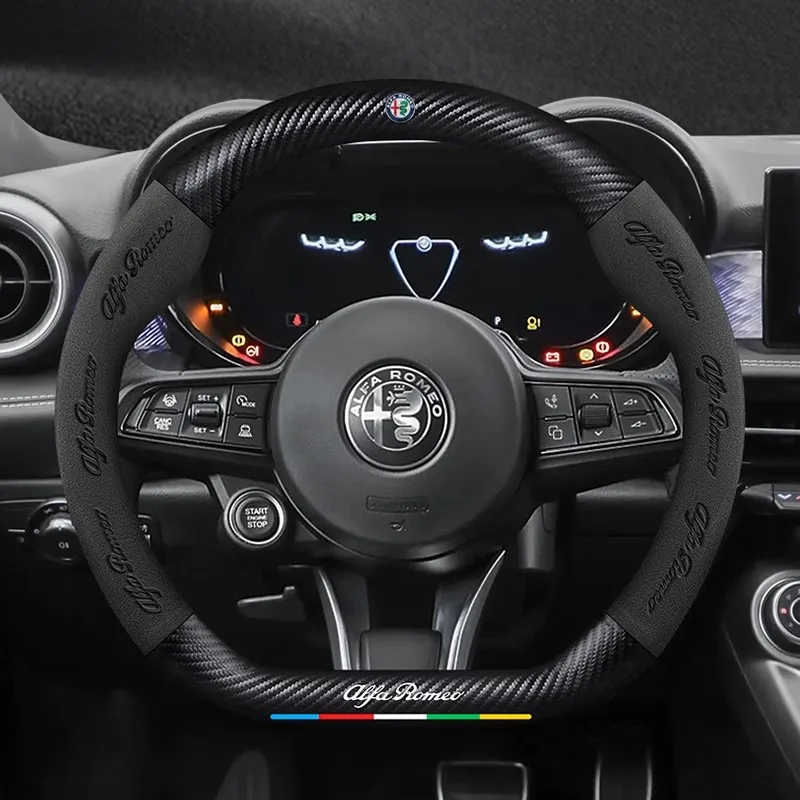 Para Alfa Romeo GT 147 156 159 166 Giulia Tonale Stelvio Giulietta Mito Milano cubierta de volante de fibra de carbono de gamuza en relieve para coche