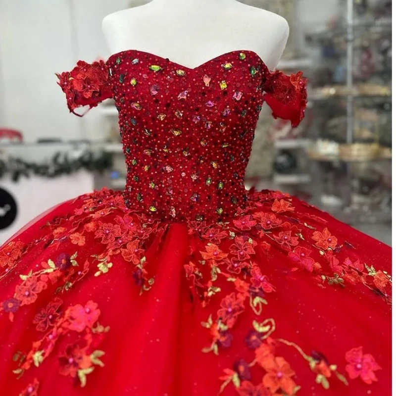 Saudi Arabic Princess Red Quinceanera Dresses Off Shoulder Crystal Ruffle 16 Year Girl Birthday Party Prom Gown Vestido 15 14