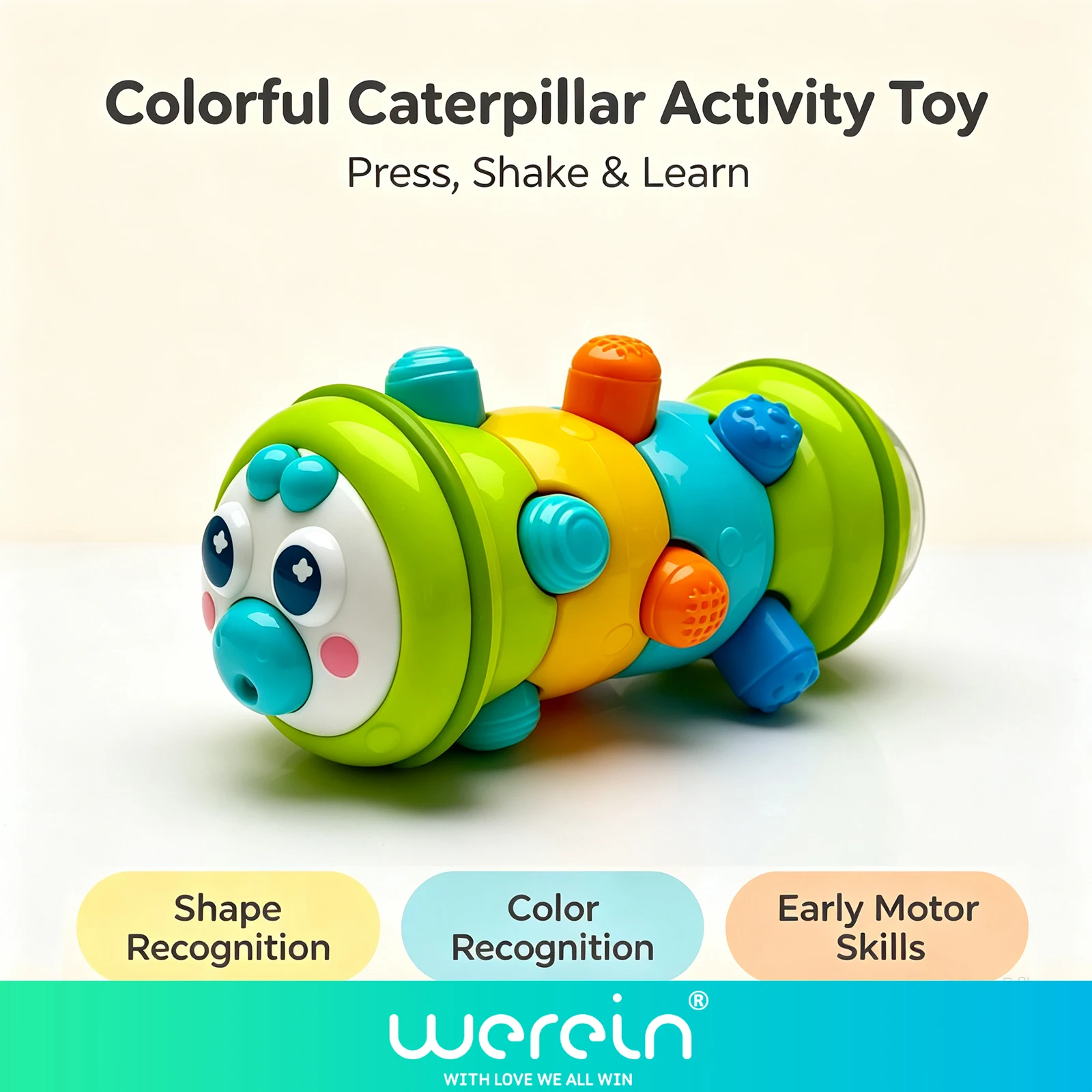 Baby Pressing Educational Toy Caterpillar Shape with Mirror And Rattles Promotes Finger Flexibility Self-Awareness Color And Sha