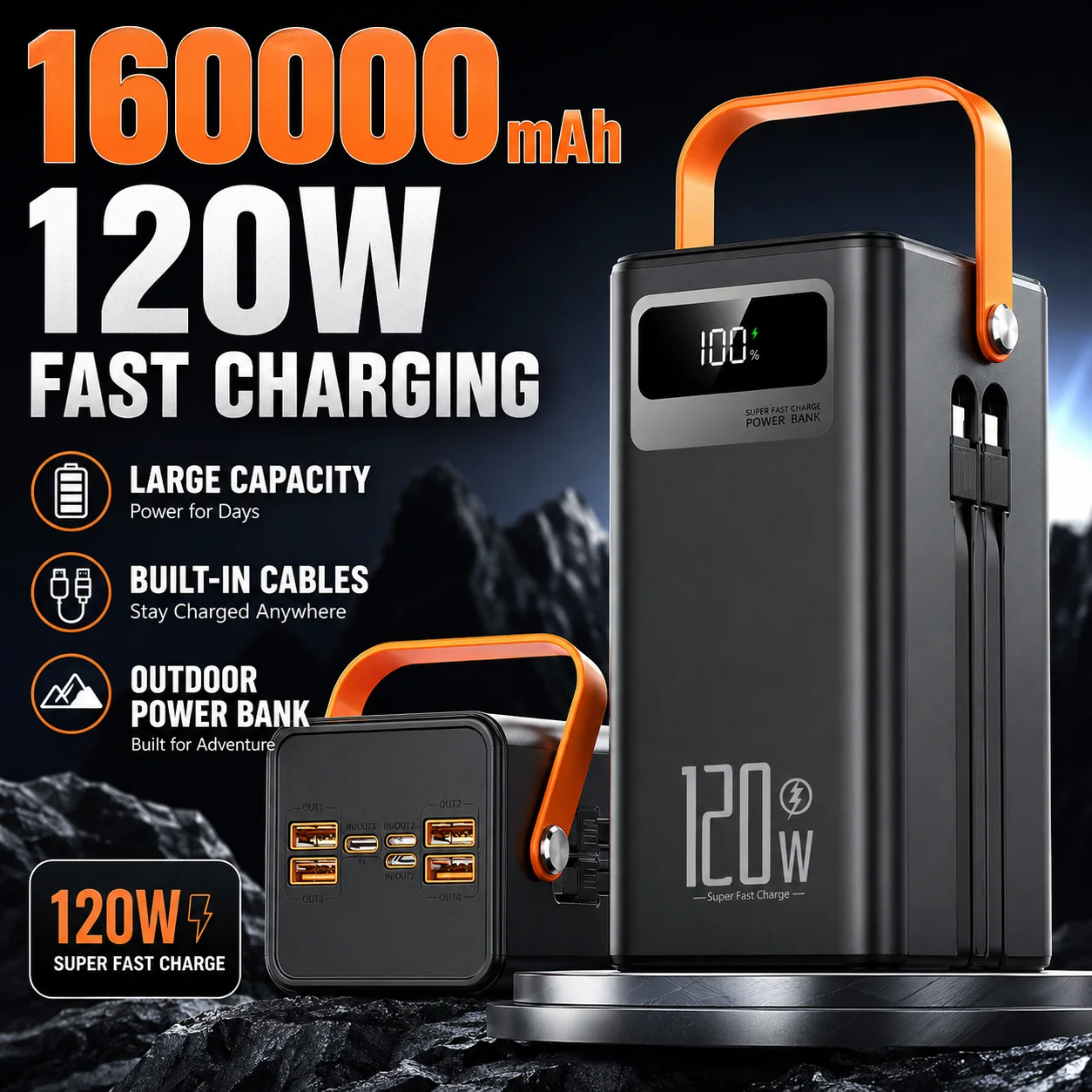 100000mAh Power Bank 120W Fast Charging Portable Charger Built-in Cables External Battery Pack for iPhone Android Outdoor