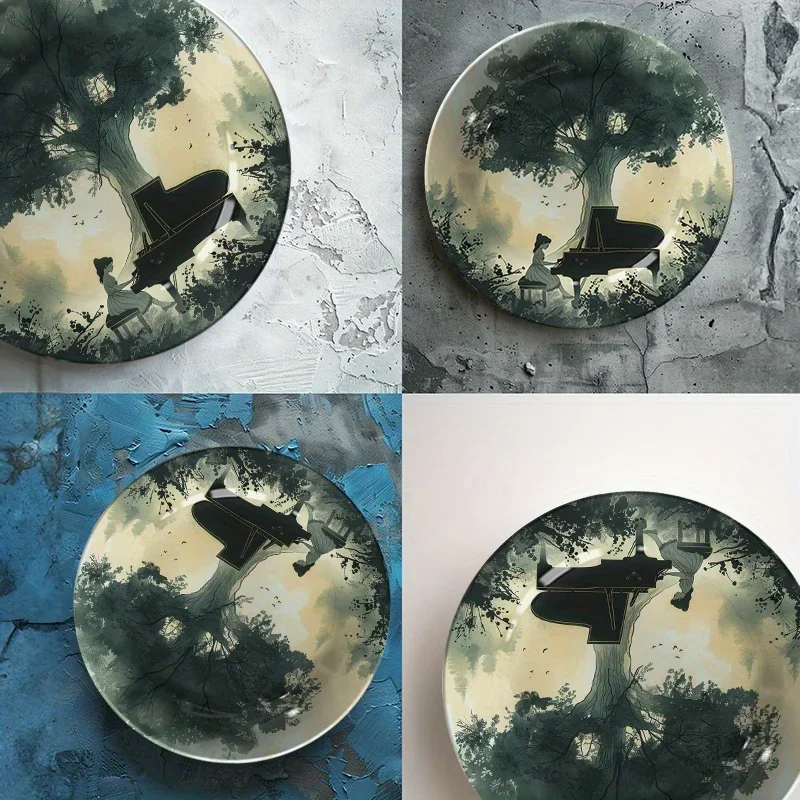 1pc Elegant Non-Food Contact Ceramic Decorative Plate - Romantic Piano Player Under Tree Design, Round Artistic Home Decor for