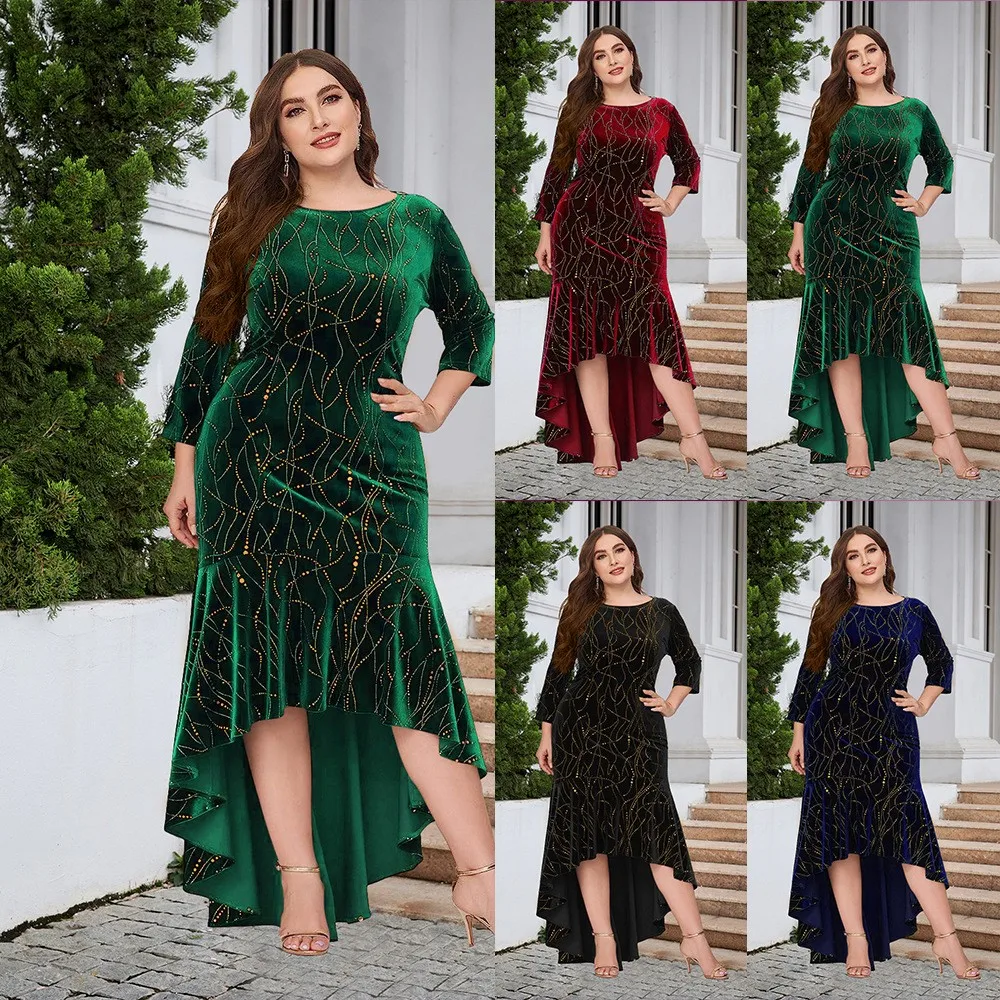 

Elegant Party Dress Wedding Guest Long Sleeve Velvet Dresses Evening Gala Mermaid Gown Emerald Green Fishtail Skirt Maxi Dress