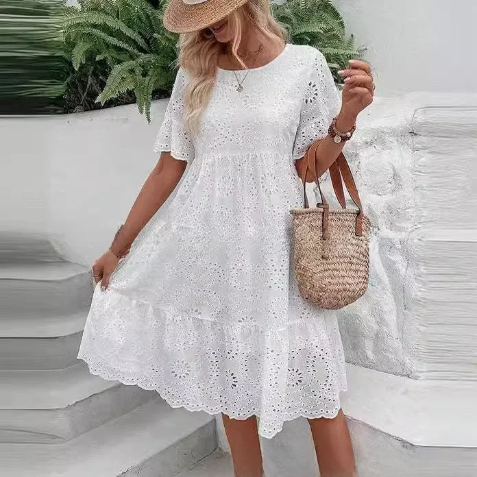 Vestido de Mujer 2024, Moda del Sudeste Asiático, Color Puro, Encaje Bordado, Calado, Casual, Cintura Media, Manga Acampanada...