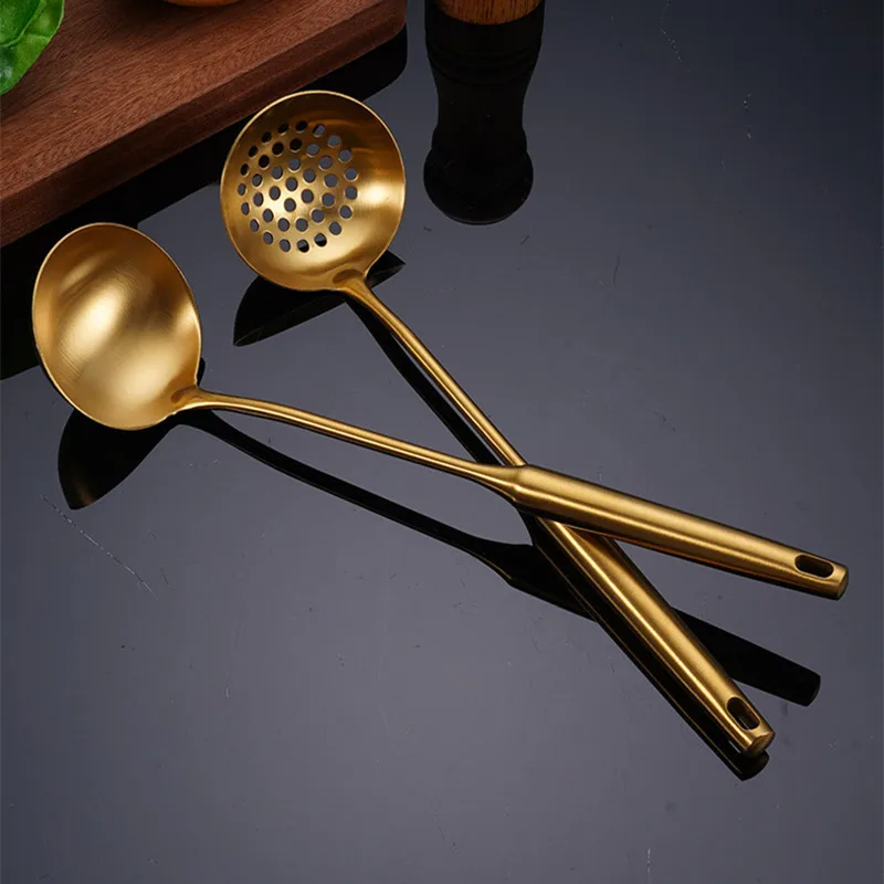 Golden Stainless Steel Long Handle Soup Rice Spoon Colander Spatula Thicken Durable Kitchen Cooking Utensils