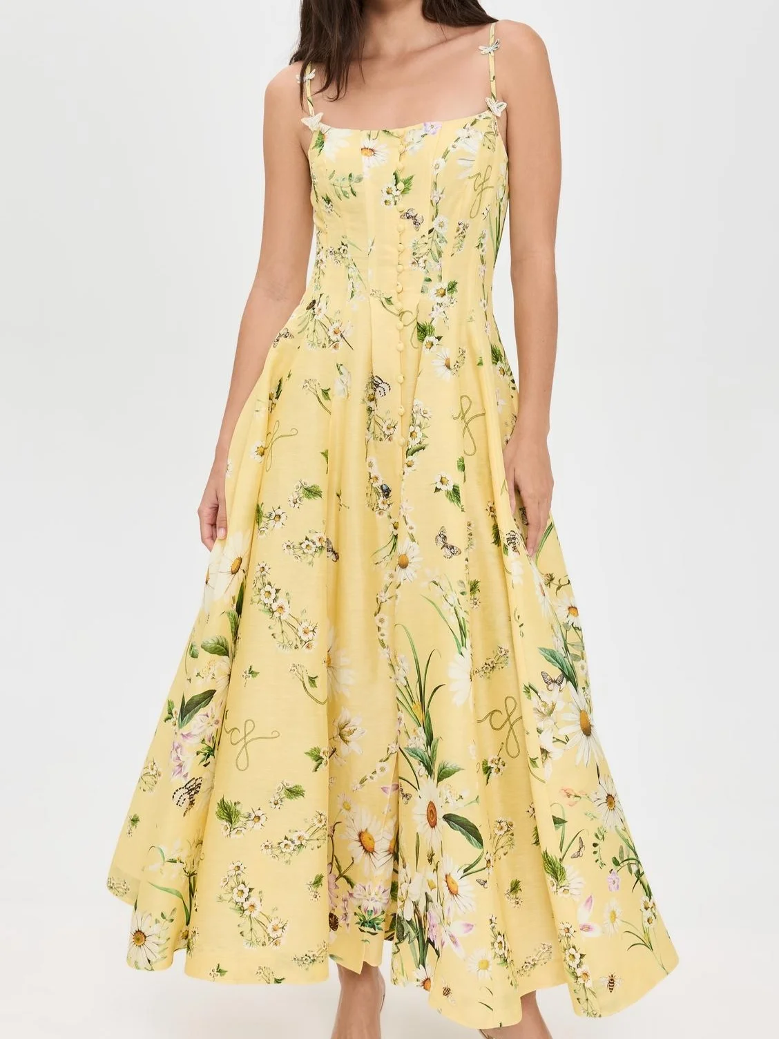 Robe longue en lin et soie pour femmes, perles de cristal, jaune, imprimé floral, papillon, broderie, col carré, sans manches, vacances