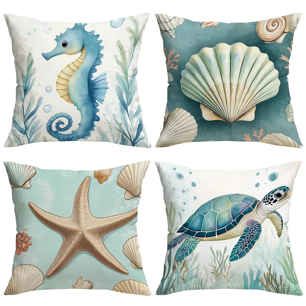 4-piece ocean-themed pillowcase set, a common choice for summer home decor or soft furnishings in seaside cottages