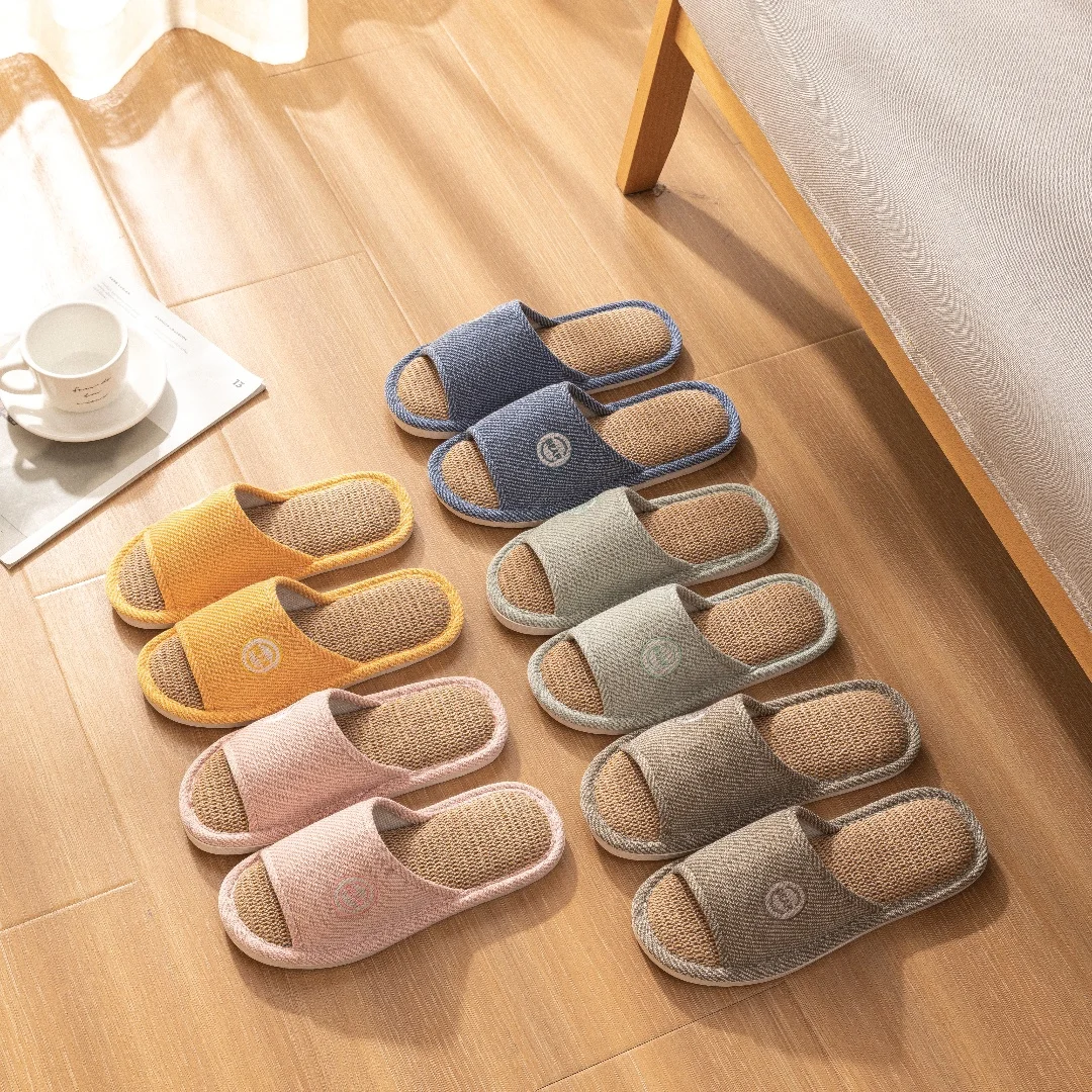 Flax Slippers Women Men Couples Spring Summer Indoor Floor Shoes Cotton Linen Slides Autumn Open-toed Sandals