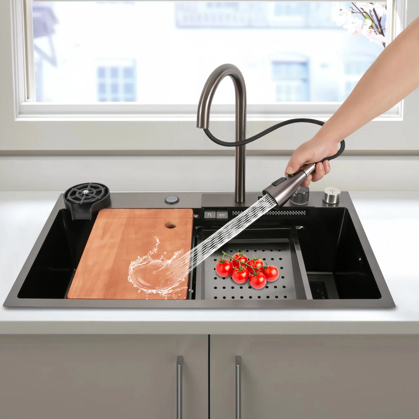 デジタルディスプレイ滝型シンク多機能ワークステーションキッチンシンク（360度回転付き） °   食器、果物の洗浄用引き出し蛇口