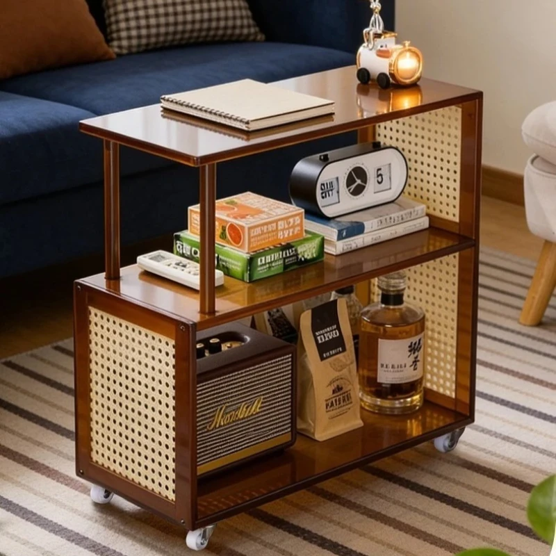 Light luxury sofa side table, retro style living room side cabinet, mobile coffee table, multifunctional small cart side table